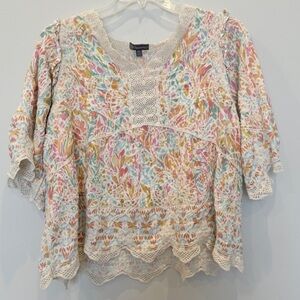 Democracy Boho Flowy orange Pink Top babydoll Shirt Sz 2x crochet bell sleeve CY